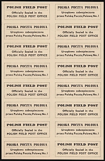 1942 Official Seal Label, Polish Forces in Great Britain, Polish Field Post, WWII, Poland, Imperforate Complete Sheet, Thick Cream Paper