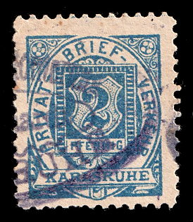 1886 2pf Karlsruhe 'A. Privat-Brief-Verkehr (Reinhardt) (Private Letter Traffic (Reinhardt))', Germany Local Post, Private City Mail, Violet Circular Cancellation