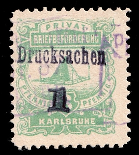 1887 1pf on 3pf Karlsruhe 'B. Privat-Brief-Verkehr (Anselm/Kraut) (Private Letter Traffic (Anselm/Kraut))', Germany Local Post, Private City Mail, Violet Rectangular Cancellation