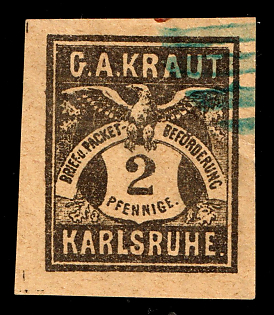 1890 2pf Karlsruhe 'B. Privat-Brief-Verkehr (Anselm/Kraut) (Private Letter Traffic (Anselm/Kraut))', Germany Local Post, Private City Mail, Blue Linear Cancellation