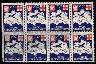 1942 Fighter Plane, Polish Red Cross Seals, Polish Forces in Great Britain, WWII, Poland, Block 2x4, Charity Stamps, Cinderella
