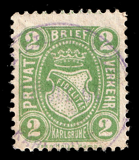 1894 2pf Karlsruhe 'C. Privat-Brief-Verkehr (Schmidt/Farrenkopf & Fritz) (Private Letter Traffic (Schmidt/Farrenkopf & Fritz))', Germany Local Post, Private City Mail, Violet Circular Cancellation