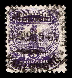 1897 3pf Karlsruhe 'C. Privat-Brief-Verkehr (Schmidt/Farrenkopf & Fritz) (Private Letter Traffic (Schmidt/Farrenkopf & Fritz))', Germany Local Post, Private City Mail, Circular Cancellation