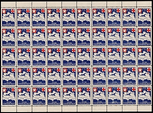 1942 Fighter Plane, Polish Red Cross Seals, Polish Forces in Great Britain, WWII, Poland, Marginal Complete Sheet, Charity Stamps, Cinderella