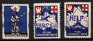 1944 Polish Red Cross Seals, Polish Forces in Great Britain, WWII, Poland, Rubber Overprint 'Help Warsaw', Complete Set