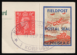 1942 1d Great Britain and Field Post Postal Seal '1st Polish A. C.' Stamp on piece, Polish Forces in Great Britain, WWII, Poland, Mixed franking, Violet Oval 'Biuro Pocztowe - 11 Sep 1942 - 1 Korpusu' Datestamp