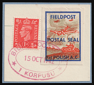 1942 1d Great Britain and Field Post Postal Seal '1st Polish A. C.' Stamp on piece, Polish Forces in Great Britain, WWII, Poland, Mixed franking, Red Oval 'Biuro Pocztowe - 15 Oct 1942 - 1 Korpusu' Datestamp
