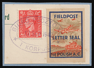 1942 1d Great Britain and Field Post Postal Seal '1st Polish A. C.' Stamp on piece, Polish Forces in Great Britain, WWII, Poland, Mixed franking, Violet Oval 'Biuro Pocztowe - 12 Sep 1942 - 1 Korpusu' Datestamp