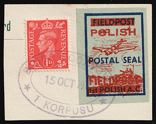 1942 1d Great Britain and Field Post Postal Seal '1st Polish A. C.' Stamp on piece, Polish Forces in Great Britain, WWII, Poland, Mixed franking, Violet Oval 'Biuro Pocztowe - 15 Oct 1942 - 1 Korpusu' Datestamp