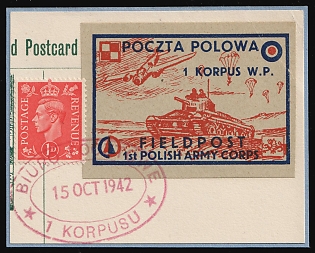 1942 1d Great Britain and Field Post Postal Seal '1st Polish A. C.' Stamp on piece, Polish Forces in Great Britain, WWII, Poland, Mixed franking, Red Oval 'Biuro Pocztowe - 15 Oct 1942 - 1 Korpusu' Datestamp