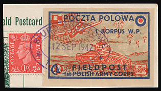 1942 1d Great Britain and Field Post Postal Seal '1st Polish A. C.' Stamp on piece, Polish Forces in Great Britain, WWII, Poland, Mixed franking, Violet Oval 'Biuro Pocztowe - 12 Sep 1942 - 1 Korpusu' Datestamp
