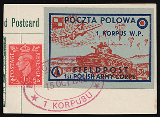 1942 1d Great Britain and Field Post Postal Seal '1st Polish A. C.' Stamp on piece, Polish Forces in Great Britain, WWII, Poland, Mixed franking, Red Oval 'Biuro Pocztowe - 15 Oct 1942 - 1 Korpusu' Datestamp