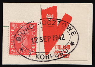 1942 1d Great Britain and Polish Air Force Charity Label 'Poland Fight for Victory' Stamp on piece, Polish Forces in Great Britain, WWII, Poland, Mixed franking, Oval 'Biuro Pocztowe - 12 Sep 1942 - 1 Korpusu' Datestamp