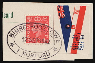 1942 1d Great Britain and Polish Air Force Charity Label 'The Royal Air Force and the Polish Air Force are Fighting for Victory' Stamp on piece, Polish Forces in Great Britain, WWII, Poland, Mixed franking, Oval 'Biuro Pocztowe - 12 Sep 1942 - 1 Korpusu' Datestamp