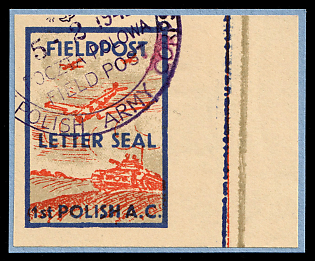 1942 Field Post Postal Seal '1st Polish A. C.' Stamp on piece, Polish Forces in Great Britain, WWII, Poland, Violet Circular '1 Korpus Wojsk Polskich, Polish Army Corps - 5 Feb 1942 - Poczta Polowa Field Post' Datestamp