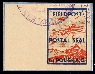 Field Post Postal Seal '1st Polish A. C.' Stamp on piece, Polish Forces in Great Britain, WWII, Poland, Violet Circular '1 Korpus Wojsk Polskich, Polish Army Corps, Poczta Polowa Field Post'