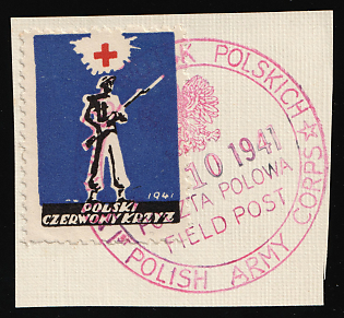 1941 Polish Red Cross 'Soldier' Stamp on piece, Polish Forces in Great Britain, WWII, Poland, Red Circular '1 Korpus Wojsk Polskich, Polish Army Corps - Oct 1941 - Poczta Polowa Field Post' Datestamp