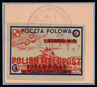 1942 Field Post Postal Seal '1st Polish A. C.' with Overprint 'Polish Fieldpost' Stamp on piece, Polish Forces in Great Britain, WWII, Poland, Violet Circular 'Polska Poczta Polowa - 30 XI 1942- Polish Field Post Office' Datestamp