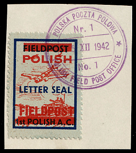 1942 Field Post Postal Seal '1st Polish A. C.' with Overprint 'Polish Fieldpost' Stamp on piece, Polish Forces in Great Britain, WWII, Poland, Violet Circular 'Polska Poczta Polowa - 5 XII 1942- Polish Field Post Office' Datestamp