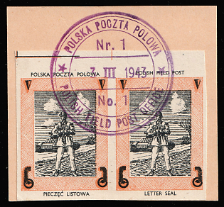1943 Polish Field Post 'Tank-man' Imperforate Pair, Stamp on piece, Polish Forces in Great Britain, WWII, Poland, Violet Circular 'Polska Poczta Polowa - 3 III 1943 - Polish Field Post Office' Datestamp
