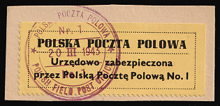 1943 Official Seal Label 'Officially Sealed in the Polish Field Post Office', Stamp on piece, Polish Forces in Great Britain, WWII, Poland, Violet Circular 'Polska Poczta Polowa - 20 III 1943 - Polish Field Post Office' Datestamp