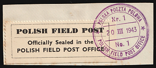 1943 Official Seal Label 'Officially Sealed in the Polish Field Post Office', Stamp on piece, Polish Forces in Great Britain, WWII, Poland, Violet Circular 'Polska Poczta Polowa - 20 III 1943 - Polish Field Post Office' Datestamp