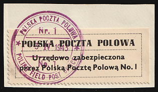 1943 Official Seal Label 'Officially Sealed in the Polish Field Post Office', Stamp on piece, Polish Forces in Great Britain, WWII, Poland, Violet Circular 'Polska Poczta Polowa - 3 IV 1943 - Polish Field Post Office' Datestamp