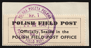1943 Official Seal Label 'Officially Sealed in the Polish Field Post Office', Stamp on piece, Polish Forces in Great Britain, WWII, Poland, Violet Circular 'Polska Poczta Polowa - 22 III 1943 - Polish Field Post Office' Datestamp