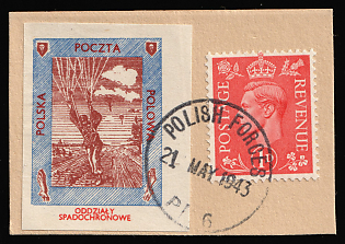 1943 1d Great Britain and Letter Seal Stamp on piece, Polish Forces in Great Britain, WWII, Poland, Circular 'Polish Forces - 21 May 1943 - P.6' Datestamp