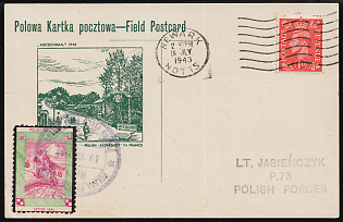 1943 (19 Jul) 'Polish 'Aldershot' in France', Polish Forces in Great Britain, WWII, Poland, Field Postcard franked with 1d Great Britain and Letter Seal Stamp from Newark Notts to Military Unit 'P.73' with Violet Circular 'Polska Poczta Polowa - 19 VII 1943 - Polish Field Post Office' Datestamp