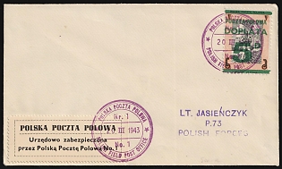 1943 (20 Mar) Polish Forces in Great Britain, WWII, Poland, Cover franked with 1d Postage Due Stamp '1st Polish A. C.' and Protective Sealing Label 'Officially Sealed in the Polish Field Post Office' to Military Unit 'P.73' with Violet Circular '1 Korpus Wojsk Polskich, Polish Army Corps - 20 III 1943 - Poczta Polowa Field Post' Datestamps