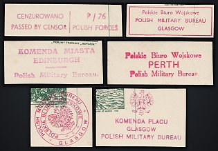 Polish Forces in Great Britain, WWII, Poland, Collection of Polish Forces Postcards Cuts with Military Bureau, Town Major & Censor Handstamps Glasgow, Edinburgh, Perth