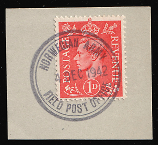 1942 1d Great Britain Stamp on Piece, Norwegian Field Post in Great Britain, WWII, Norway, Oval 'Norwegian Army - 4 Dec 1942 - Field Post Office'