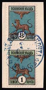 1892 3k+1k on piece Pskov Zemstvo, Vertical Se-tenant, Postmark #SHG5 Blue Circular Datestamp '2 Sep 1892'