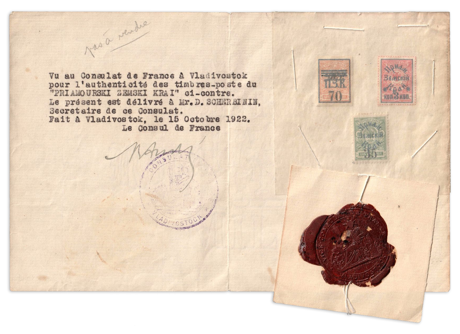 Priamur Rural Province Overprints on a French Consulate Certificate