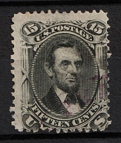 1866 15c Lincoln, United States, USA (Scott 77, Black, Purple Cancellation, CV $270)