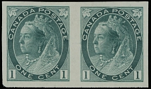 Canada - Queen Victoria ''Numeral'' issue - 1898, 1c paler green, horizontal imperforate pair printed on vertically wove paper, no gum as issued, NH, VF, Unitrade #75vi, C.v. CAD$900, Scott #75a…