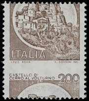 Italy - 1980, Castello di Cerro al Volturno - Castello Bruno (castle in brown), 200L brown, color error, a single with strongly misplaced horizontal perforation, full OG, NH, VF, Raybaudi certificate, Sassone #1516 var, Bolaffi …