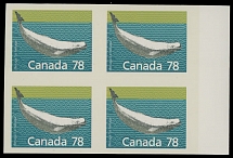 Canada - Modern Errors and Varieties - 1990, Beluga Whale, 78c multicolored, right sheet margin imperforate block of four, full OG, NH, VF, C.v. $1,700++, Unitrade C.v. CAD2,400 as two pairs, Scott #1179d…