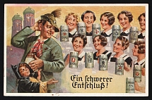'Smiling Man Regarding Women with Steins of Beer Octoberfest', Nuremberg Rally, Nazi Germany, Third Reich Propaganda, Postcard