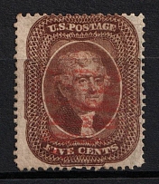 1859 5c Jefferson, United States, USA (Scott 29, Brown, Type I, Red Cancellation, CV $430)