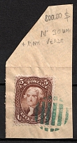 1863 5c Jafferson, United States, USA on piece (Scott 76, Brown, Green Cancellation, CV $880)