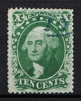 1859 10c Washington, United States, USA (Scott 35, Type V, Blue Cancellation, CV $60)