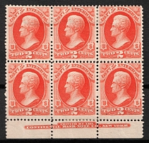 1873 2c Jackson, Official Mail Stamp 'Interior', United States, USA, Block of Six (Scott O16, Vermilion, Sheet Inscription, CV $440)