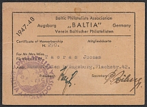 1947-48 Baltic Philatelists Association 'Baltia', Augsburg, Germany, Postcard