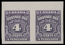 Canada - Postage Due stamps - 1935, Numerals, 4th issue, 4c dark violet, top sheet margin horizontal imperforate pair, full OG, NH, VF, C.v. $325, Unitrade C.v. CAD$450, Scott #J17a…