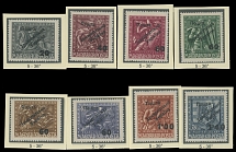 Carpatho - Ukraine - The Second Uzhgorod issue - 1945, War Relief Fund issue, black surcharges ''20''/1+1f - ''1.40''/70+8f, complete set of eight without error stamp of ''60''/20+2f, all are type 5 at 36 degree angle, full OG, …