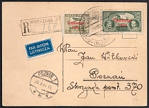 1934 (28 Oct) Gordon Bennett Cup, Second Polish Republic, Non-Postal, Cinderella, Registered Postcard from Warsaw to Poznan, Balloon Post (Commemorative Cancellation)
