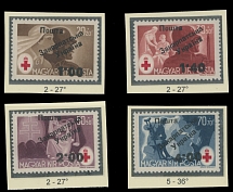 Carpatho - Ukraine - The Second Uzhgorod issue - 1945, Red Cross issue, black surcharges ''1.00''/20+20f - ''4.00''/70+70f, complete set of four, three stamps of type 2 at 27 degree angle, on - type 5 under 36 degree angle, full …