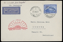 Worldwide Air Post Stamps and Postal History - Germany - Zeppelin Flights - 1931 (July 24-25), North Pole Flight cover to Leningrad, franked by ''Polar-Fahrt 1931'' overprint on 2m ultra, tied by Friedrichshafen ''24.7.31'' ds, …